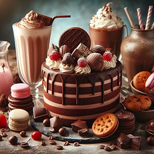 Tarta de chocolate, batidos, galletas y macarons